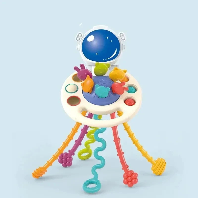 Cartoon Duck Astronaut Pull String Montessori Activity Development Silicone Teething Sensory Grip Training Early Educational Toy